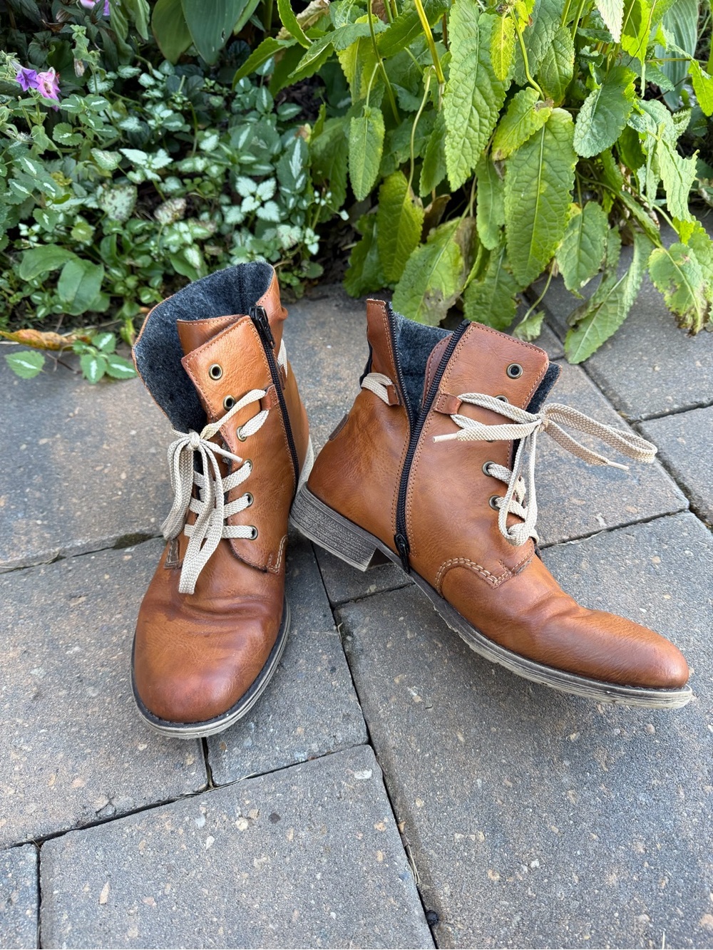 Rieker Cognac Lace-Up Ankle Boots Size EU 41 / US 10 Felt Lined Fall Sale